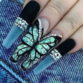 Green Press on Nails Long Coffin Glossy Artificial Fake Nails with Butterfly Designs Ballerina Long Square Glitter Acrylic False Nails Glue on Nails Full Cover Stick on Nails Fingernails for Women
