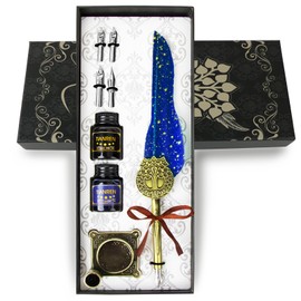 TIANREN Feather Pen and Ink Set,quill pen ink set,Antique Calligraphy Pen with 4 Replaceable Nibs,2 Bottle of ink,Pen Holder Christmas Gift for Men&Women.(Blue)