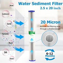 VEGEBE 20 Micron 20-Inch Whole House Water Filter Replacement Cartridge, Pleated Sediment Water Filters 2.5" x 20" for Well Water, Compatible with ECP20-20, 255487-43, SPC-25-2020, 6 Pack