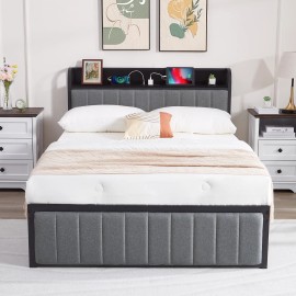 Vecelo Bed Frame with Storage Headboard Power Outlet Full Queen Size Metal Platform Bed - Gray, Full