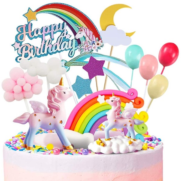 MOVINPE Unicorn Cake Topper, 2 Magic Unicorns Sculpture, 1 Rainbow, 1 Happy Birthday Banner, 2 Cloud, 4 Balloon, 12 Stars, 1 Moon, Cake Decoration For Girl Kid Women Birthday Party