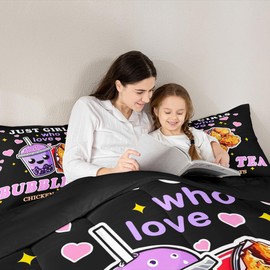 American Fast Food Comforter Set Full Size,Cartoon Love Heart Bubble Tea Bedding Set 3Pcs,Delicious Food Print Quilt Set for Kids Boys Girls Teens Room Decor,Black Duvet Insert,2 Pillowcases