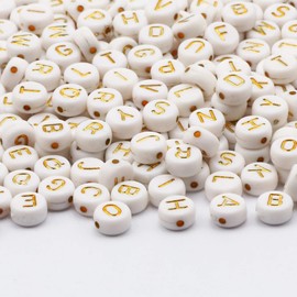 DAHI 1000pcs Gold Acrylic Letter Beads,Round Letter Beads Threading Spacer Alphabet Bead, 26 Style A-Z Alphabet Acrylic Bead Kits for Bracelets Making (rund Gold-White-4 * 7)