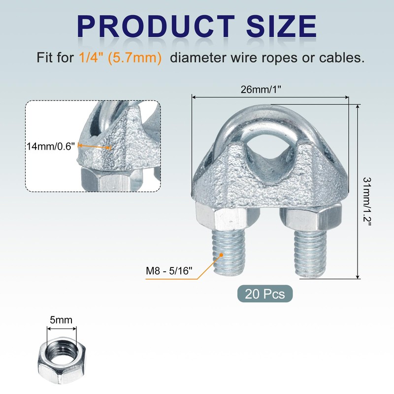 sourcing map 20 Pcs M8 Steel Wire Rope Clip Clamps,