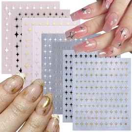 8 Sheets Star Nail Art Stickers Decal 3D Black White Gold Silver Star Nail Stickers for Nails Art Self-Adhesive Stars Sticker para Uñas Nail Art Supplies for Women Acrylic Nails Design Decoration