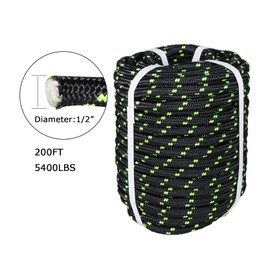 1/2In x 200FT Arborist Bull Rope Double Braid Polyester Rigging Hoisting Line High Strength Tree Rope,Black & Green