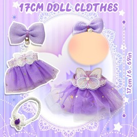 Xerteam Purple 17cm Labu Doll Clothes, Princess Style Plush Doll Dress with Butterflies Hair Clip and Flower Headbag, Doll Accessories Clothing Set (Doll Not Included)