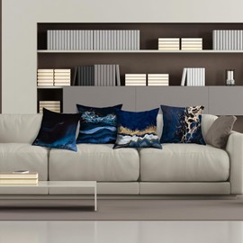 HOSTECCO Navy Blue Throw Pillow Covers 45x45 cm Pack of 4 Blue and Gold Decorative Pillow Cases Abstract Marble Cushion Covers for Sofa Couch