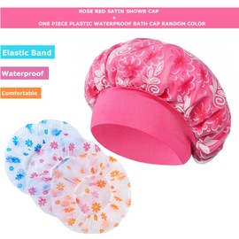 Generic Reusable Shower Cap & Bath Cap, 2PCS, Waterproof Bath Caps, Elastic Band Bath Hair Hat for Women, Satin & Plastic Reusable (REDROSE)
