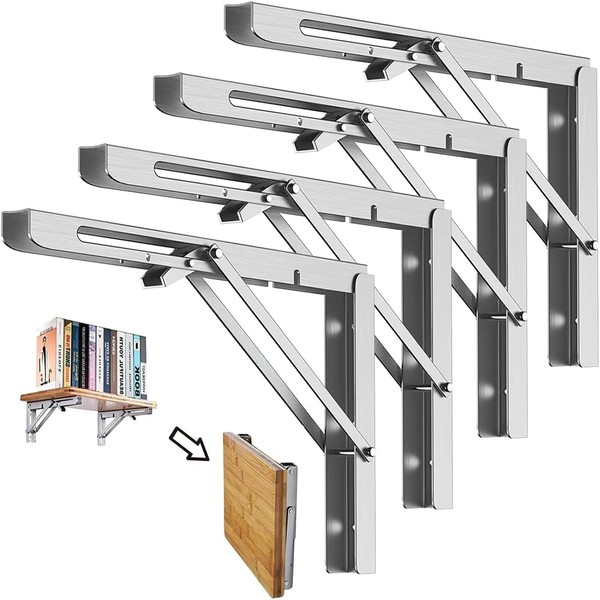 GNCLOUD 2pcs Folding Shelf Bracket 6 inch, Stainless Steel Collapsible Shelf Brackets, Folding Table Hinge, Wall Mounted Folding Table Hinge for Kitchen Bedroom Work Bench, Max Load: 150lb