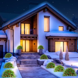 ENVEN Outdoor Christmas Tree Frosted Urn Filler 2 Set, Pre-lit Artificial Xmas Tree with Cones & Red Berries, Small Christmas Tree with 70 Warm Lights 8 Modes & Timer