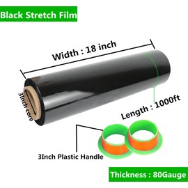 4 Pack Black Stretch Wrap 18" x 1000 Feet 80 Gauge Industrial Strength with Plastic Handle, Plastic Pallet Supplies Durable Self-Adhering for Packing, Moving, Heavy Duty Shrink Film Rolls