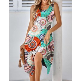 HOTOUCH Womens Sundress with Pockets Sleeveless Flroal Dress Flowy Tshirt Dress Round Neck Tank Midi Dress Swing Aline Dress Loose Vacation Dress Floral Mixed Blue M