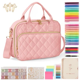 Bible Journaling Kit – Quilted Bible Cover Case for Women, 31 Highlighters, 75 Tabs, Bible Study Supplies & Christian Gift for Women and Teens (Shoulder Strap, Blush Pink)