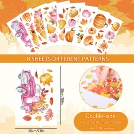 JarThenaAMCS 8 Sheet Hello Fall Window Clings Watercolor Pink-Orange Pumpkin Maple Leaves Reusable Window Decals for Autumn Thanksgiving Home Glass Decor