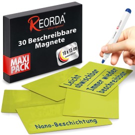 Reorda® Magnetic Strips Writeable – Pack of 30 Rewritable – 10 x 15 cm (Green) – Writeable Magnets for Whiteboard, Kanban, Magnetic Board or as Writeable Magnets for the Fridge