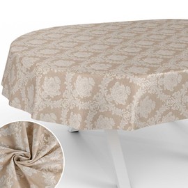 Fabric Tablecloth, Textile Table Linen, Cotton Polyester, Washable, Plain Ornamental Damask Jacquard Fabric, Washable, Baroque Beige, Oval, 180 x 140 cm, Cut Edge