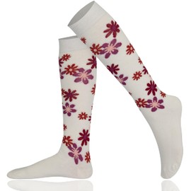 Mysocks Womens Knee High Flower Socks White Base Pink Purple Flowers 4-7
