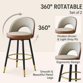 Goldshire 25 in Modern Bar Stools Set of 2, Swivel Kitchen Island Tall Chairs with Back, Arm, Footrest and Metal Leg, Pu Leather Bar Chairs for Dining Room, Kitchen (Brown)