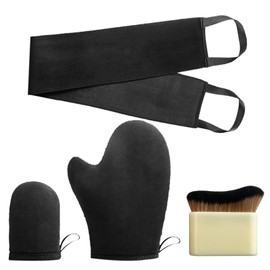 3 in 1 Self Tanning Mitt Set with Tanning Brush for Face and Body,Reusable Double Sided Velvet Back Applicator,Machine Washable Black Tan Mitt Glove for All Over Smooth Application Streak Free Tan