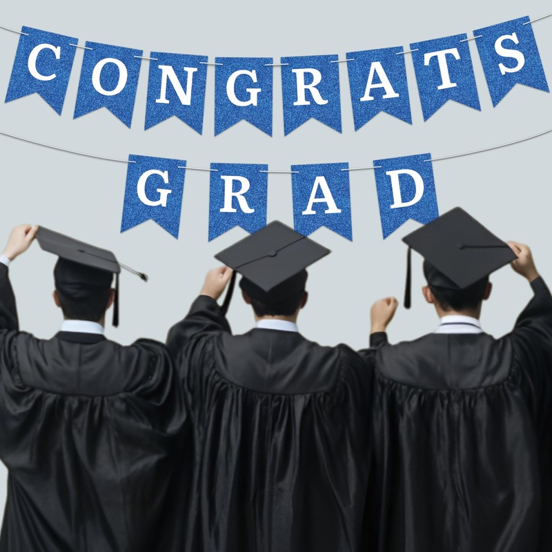 Graduation Banner Pre-strung Congrats Grad Banner Blue Glittering Process Paper