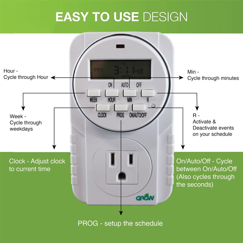 Grow1 Hydroponic 120V Single Outlet Digital Timers for Electrical Outlets,