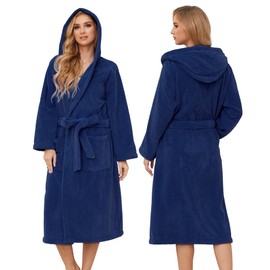 PJGGZ Hooded Bathrobes for Women, Soft Long Towel Robes for Women - Quick Dry yet Warm, Navy Blue, Small-Medium