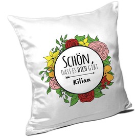Cushion with Names Kilian and Motif 'Schön, dass es Dich gibt – Wreath/Valentine's Day/For Lovers Friendship Cushion