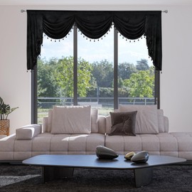 JADE POKE Velvet Waterfall Valance for Bedroom, Black Beads Valance for Window - Swag Valances for Living Room Rod Pocket Valances with Tassels for Kitchen (1 Panel, W89 Inch)