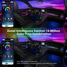 New Version Dreamcolor Acrylic Interior Car Lights 6 in 1 RGB LED Strip Lights with APP Control Zoned Control System 252 Color Modes DIY Fiber Optic Ambient Lighting Kits Music Car Neon Lights