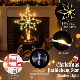 2 Pack 16 Large Christmas Window Light Decorations, LED Bethlehem Christmas Star Window Silhouette Lights with Timer, 8 Models, Iron Frame, Battery Operated Lighted Xmas Star Decors (Warm White)
