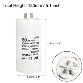 uxcell CBB60 Run Capacitor 60uF 450V AC Double Insert 50/60Hz Cylinder 115x54mm White for Air Compressor Water Pump Motor