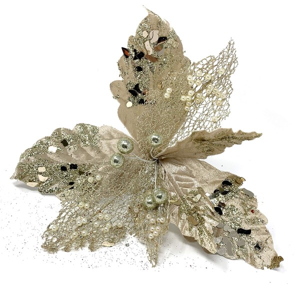 Allgala 6-PK Glitter and Sequin Decorated Fabric Poinsettia Artificial Christmas