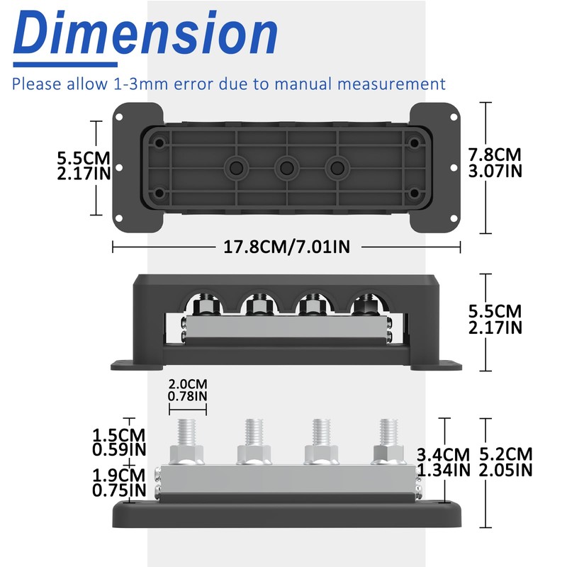 600A Bus Bar 12V Power Distribution Block with 3/8" (M10)