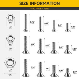 Mywish 540Pcs Metric M3 M4 M5 Screws Assortment Kit, Flat Head Countersunk Socket Cap Assorted Screws Nuts and Bolts, Allen Hex Drive Stainless Steel Screws