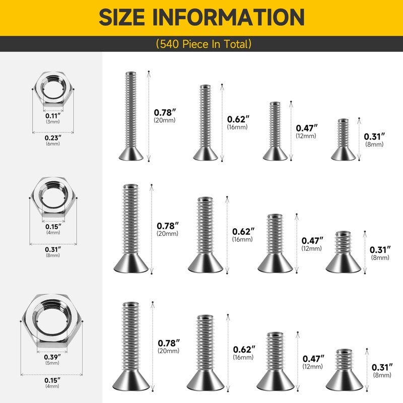 Mywish 540Pcs Metric M3 M4 M5 Screws Assortment Kit, Flat