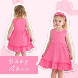 YOUNGER TREE Toddler Girl Summer Sundress Sleeveless Casual Dress Ruffle Hem Cotton Solid Outfits with Bowknot(12-18 Months, Rose Pink)