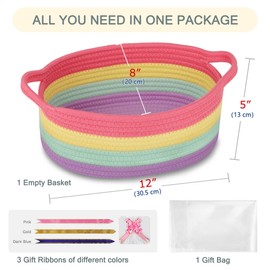 COMSE Small Woven Basket with Gift Bags and Ribbons, Gift Basket Empty, Basket for Gifts, Baby Toy Basket, Nursery Basket, Cotton Rope Basket for Storage, 30.5 x 20 x 13 CM, Rainbow