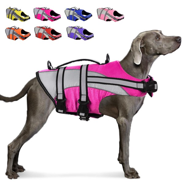 KOESON Ripstop Dog Life Jacket, Dog Life Vest with Superior Buoyancy Pet Swimming Safety Vest with Rescue Handle, Dog Float Coat Dog Life Preserver Lifesaver for Small Medium Large Dogs Pink 2XL