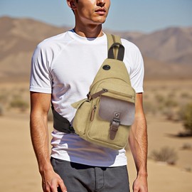 SUIKIHUM Canvas Sling Bag for Women Men, Crossbody Backpack Vintage Convertible, Rucksack Shoulder Bag W/Leather Accents for Outdoor Cycling Hiking Travel, Khaki