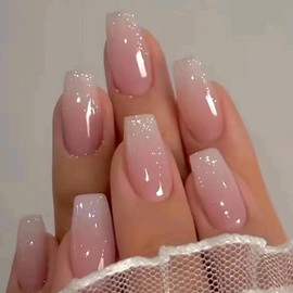 Medium Press on Nails Coffin Fake Nails 24Pcs Ombre Pink Square False Nails with Gloss Designs Acrylic Nails Press ons Artificial Nails Stick on Nails for Women and Girls