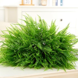 Yaqulen 24 Pcs Artificial Outdoor Plants, Fake Boston Fern Plants, UV Resistant Faux Artificial Plants Shrubs Outdoors Plastic Plant Bulk for House Office Garden Indoor Outdoor (24, Green)
