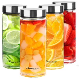 poweco 10oz Glass Juice & Water Bottles 4-Pack with Lids- (4-Pack, 16oz/500ml)