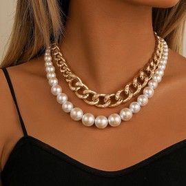 Chargances Boho Layered Faux Pearl Choker Gold Chunky Cuban Chain Necklace Fahsion Short Chain Collar Jewelry for Women