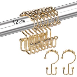 12PCS Shower Curtain Hooks Rings for Bathroom, Stainless Steel Metal Rust Resistant Balance Sliding Double Hooks Shower Curtain Rings for Shower Curtains, Clothing, Towels, etc. (Golden)