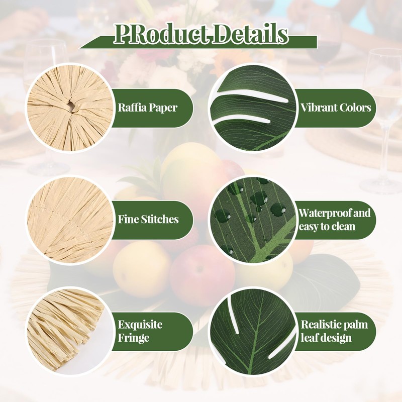 MehelloFeather 24Pcs Luau and Palm Placemats Raffia Grass Tropical Palm
