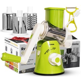 ECLIMIA Rotary Cheese Grater – Hand Crank Cheese Shredder with 3 Blades, Strong Suction Base, Peeler, and Cleaning Brush – Salad Shooter, Vegetable Grater, Food Shredder