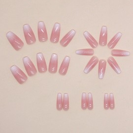 Medium Press on Nails Coffin Fake Nails with White Pink Gradient Designs Acrylic Nails Press ons Glossy Glue on Nails Daily Wear Simple False Nails Artificial Stick on Nails for Women 24Pcs