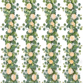 SOMYTING Artificial Flowers Garland 6FT Eucalyptus Flower Garland Vintage Peony Rose Vine Faux Floral Garlands for Wedding Party Arch Table Wall Backdrop Decoration (Champagne, 4PCS)