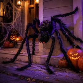 Giant Light-Up Spider for Halloween Decor – Poseable Black Plush Spider with Purple LEDs for Yard, Porch & Haunted House Displays